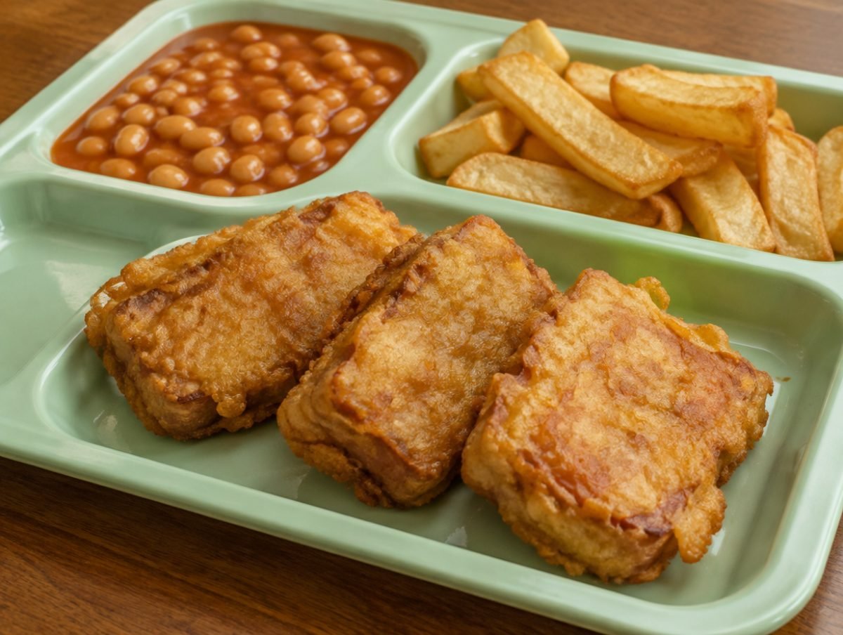 Spam fritters with baked beans and chips on a school dinner tray